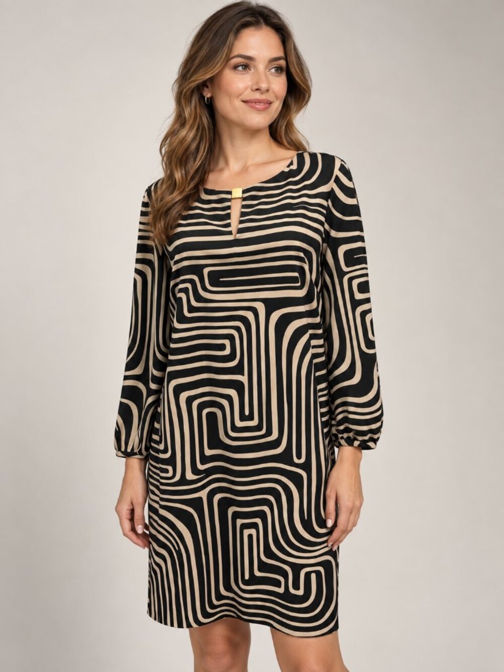Tahari Arthur S Levine 10 Black Tan Geometric Shift Fall Dress Long Sleeve